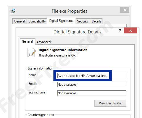 Screenshot of the Avanquest North America Inc. certificate